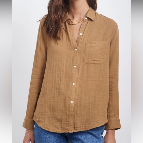 Rails Tops - Rails Oversized Button Up Ellis Gauze Shirt in Toasted Coconut Tan Brown Small